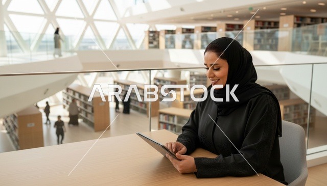 امرأة إماراتية تستخدم جهازاً لوحياً في مكتبة حديثة