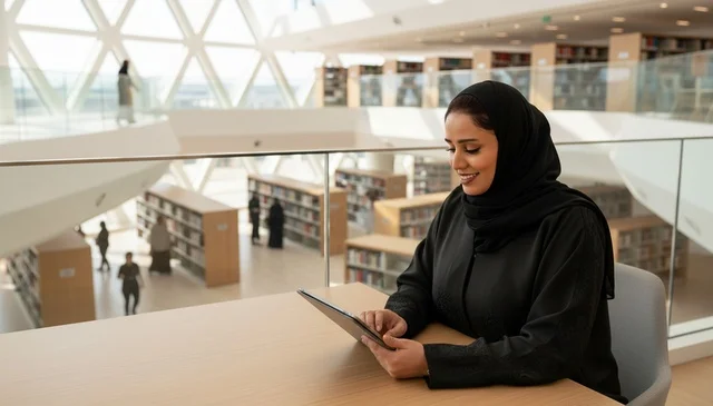 امرأة إماراتية تستخدم جهازاً لوحياً في مكتبة حديثة