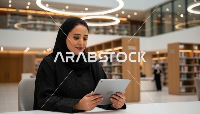 امرأة إماراتية تستخدم جهاز لوحي في مكتبة حديثة