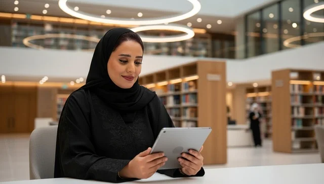 Emirati Woman Using Tablet in Modern Library