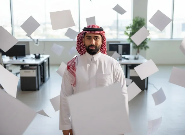 رجل أعمال سعودي في مكتب مع أوراق متطايرة
