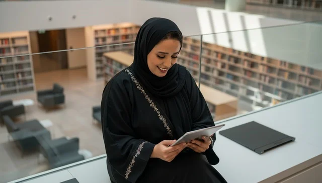 امرأة سعودية تستخدم جهازاً لوحياً في مكتبة حديثة