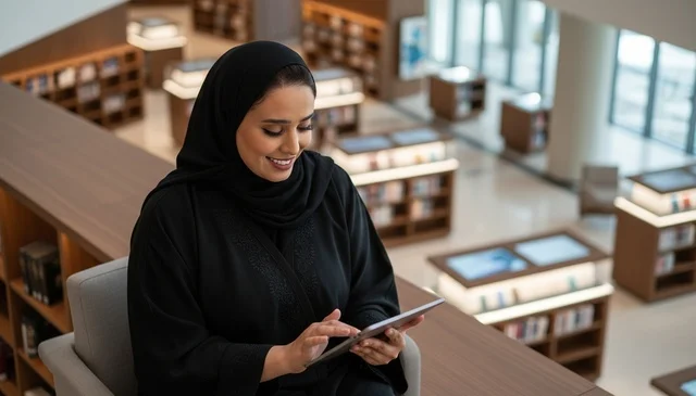 Arab Woman Using Digital Tablet in Modern Library Interior Arab Woman Using Digital Tablet in Modern Library Interior