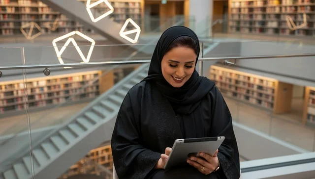 Emirati Woman Using Tablet in Modern Library