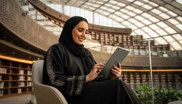 امرأة عربية تستخدم جهازاً لوحياً في مكتبة حديثة