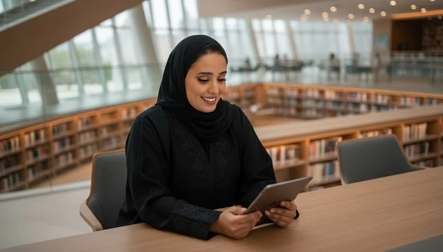 Arab Woman in Abaya Using Tablet in Modern Library