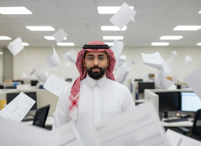 رجل أعمال سعودي في المكتب مع أوراق متطايرة