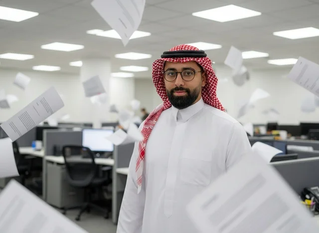 رجل أعمال سعودي في المكتب مع أوراق متطايرة