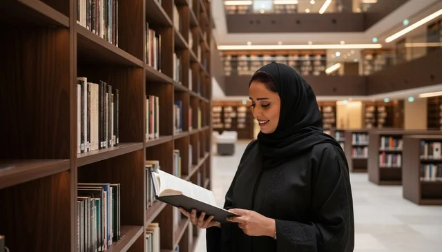 Arab Woman in Abaya Reading in a Modern Library Arab Woman in Abaya Reading in a Modern Library