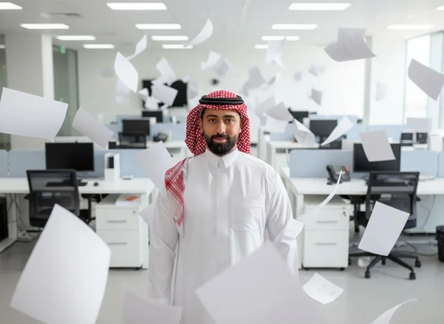 Saudi Businessman in Office with Flying Papers