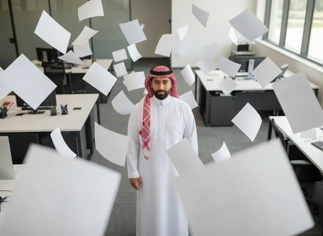 Saudi Businessman in Office with Flying White Papers