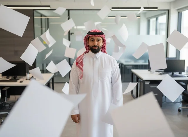 Saudi Businessman in Office with Flying White Papers