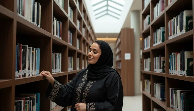 Emirati Woman in Abaya Browsing Books in Modern Library
