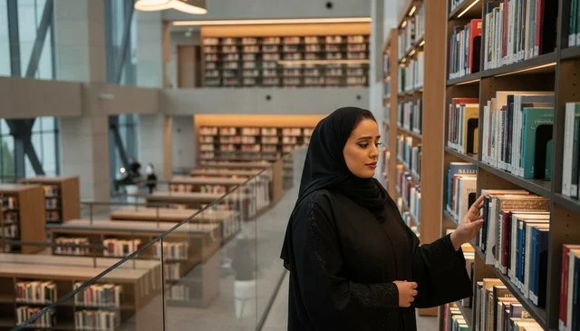 امرأة إماراتية بالعباءة تتصفح الكتب في مكتبة حديثة