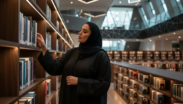 امرأة إماراتية بالعباءة السوداء تقرأ في مكتبة حديثة
