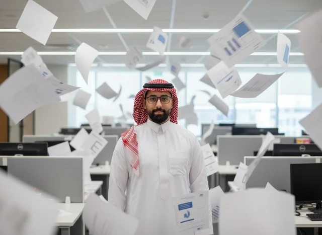 رجل أعمال سعودي في مكتب مع أوراق تتطاير