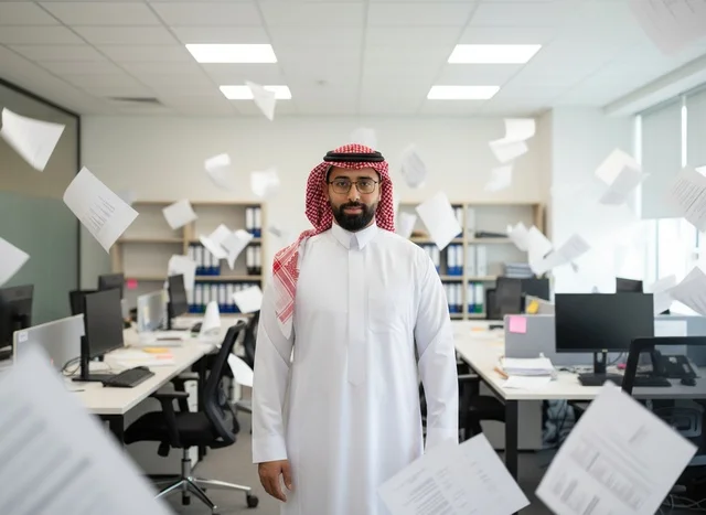 Saudi Businessman in Office with Flying Papers