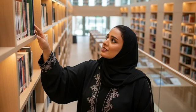 Emirati Woman in Abaya Selecting Book from Library Shelf Emirati Woman in Abaya Selecting Book from Library Shelf