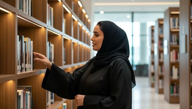 امرأة سعودية بالعباءة تختار كتاباً في مكتبة حديثة