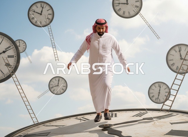 رجل سعودي يمشي فوق ساعة لإدارة الوقت