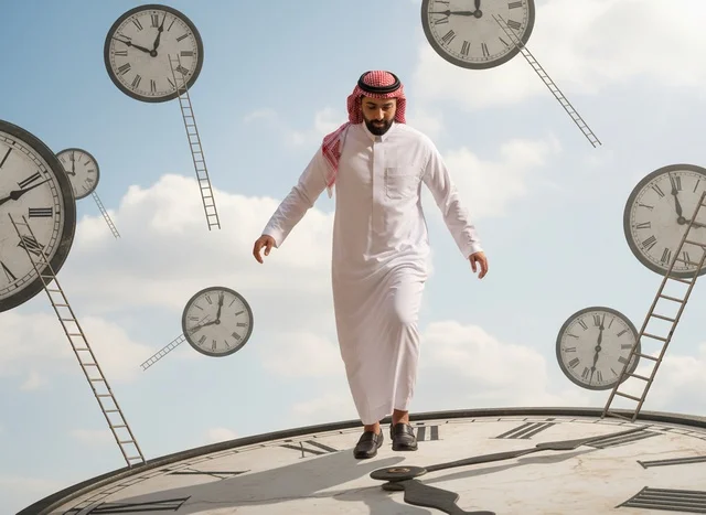 Saudi Man Walking on Clock for Time Management