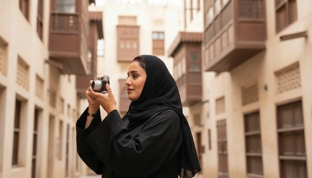 Saudi Woman Taking Photos in Traditional Heritage Site