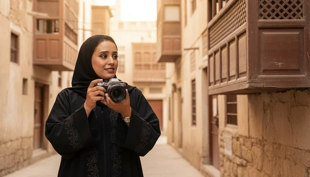 مصورة سعودية بالعباءة في زقاق تراثي قديم
