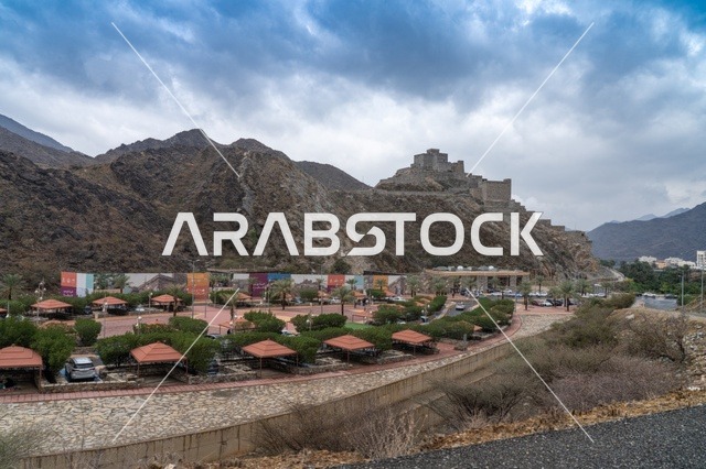 قلعة حجرية قديمة على جبل وعر مع منتزه