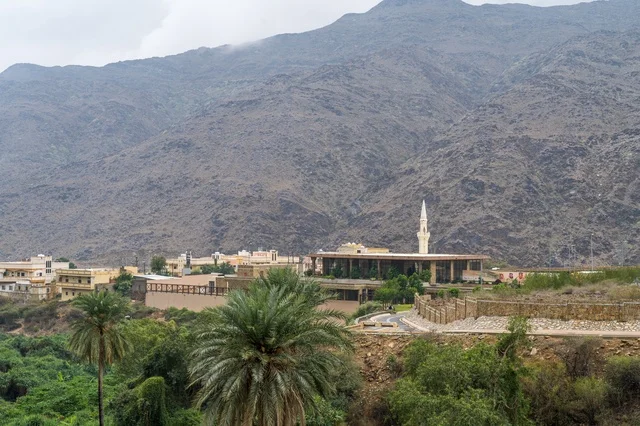 Rural Mosque and Village at Saudi Arabian Mountain Foot