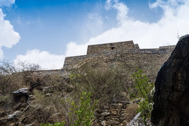 Traditional Stone Fortress on Rocky Mountain Slope