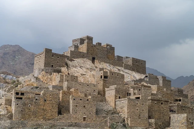 Ancient Stone Village on Saudi Arabian Mountain Landscape