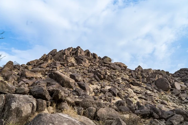 Rocky Mountain Summit and Boulders Under Blue Sky