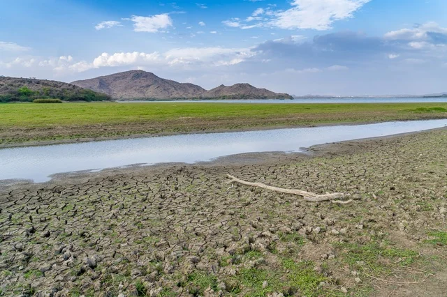 Dry Cracked Earth Landscape with Greenery and Mountains