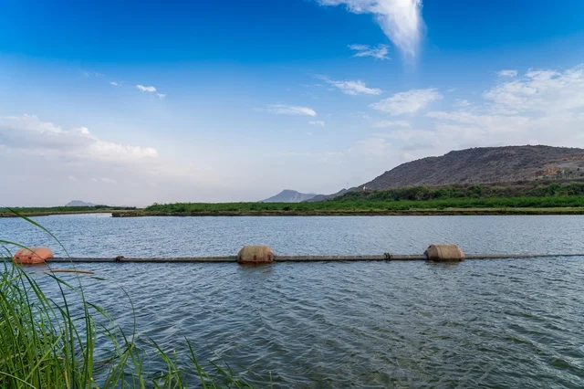 Floating Barrier on River with Hills and Blue Sky