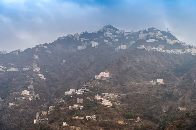 Saudi Arabian Mountain Village in Jazan Region Foggy