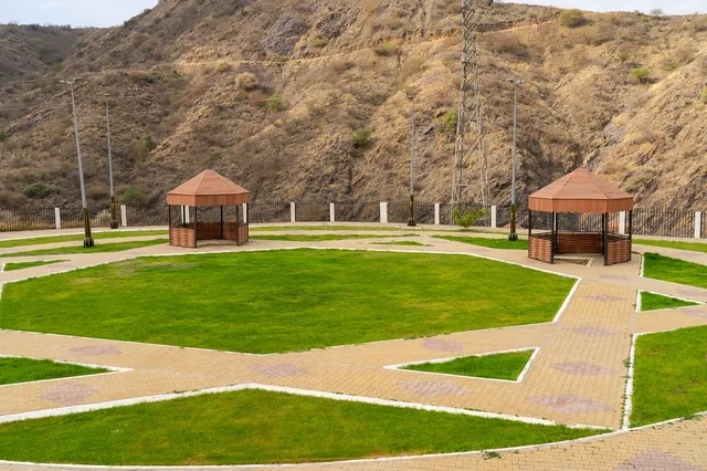 Wooden Park Pavilions in Mountainous Landscape
