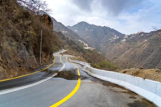 Winding Mountain Road with Wet Asphalt and Cloudy Sky