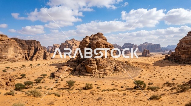 التكوينات الصخرية في صحراء العلا والسماء الزرقاء