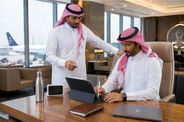 رجال أعمال سعوديون في صالة المطار يستخدمون جهازا لوحيا