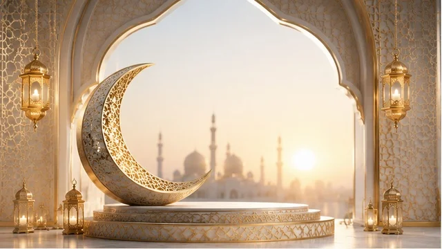 هلال رمضان الذهبي ومنصة مع العمارة الإسلامية