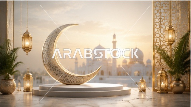 Islamic Crescent Moon and Mosque Silhouette at Sunset