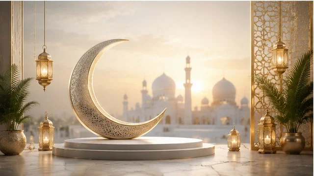 Islamic Crescent Moon and Mosque Silhouette at Sunset