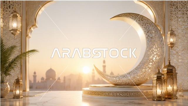 هلال رمضان وفوانيس مع أفق المدينة وقت الشروق