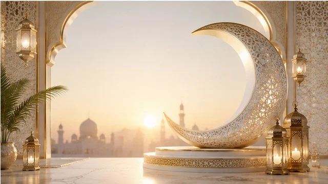 Ramadan Crescent and Lanterns Over City Skyline