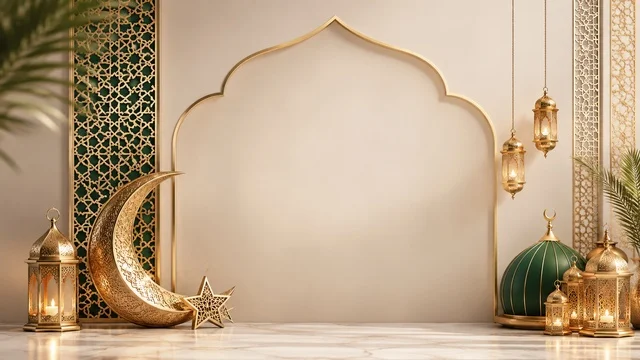 ديكورات رمضان وعيد الفطر مع فوانيس ذهبية