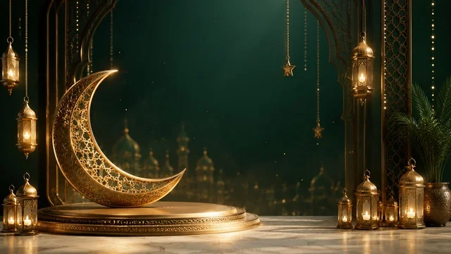 هلال رمضان الذهبي مع فوانيس وخلفية مساجد