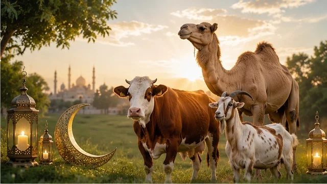 Eid al-Adha Animals and Mosque at Sunset