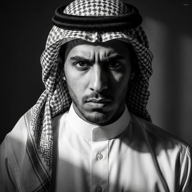 بورتريه رجل سعودي بالزي التقليدي باللونين الأبيض والأسود