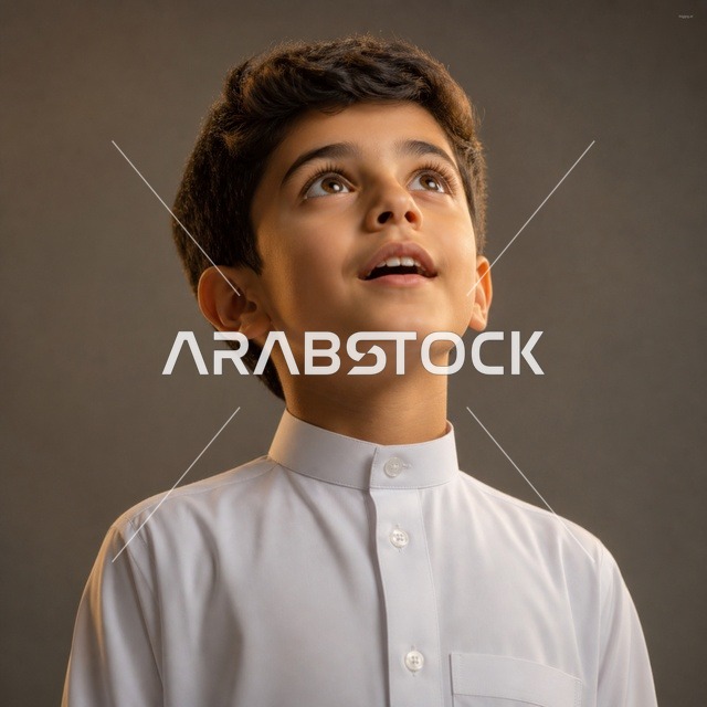 طفل سعودي بالثوب الرسمي ينظر للأعلى