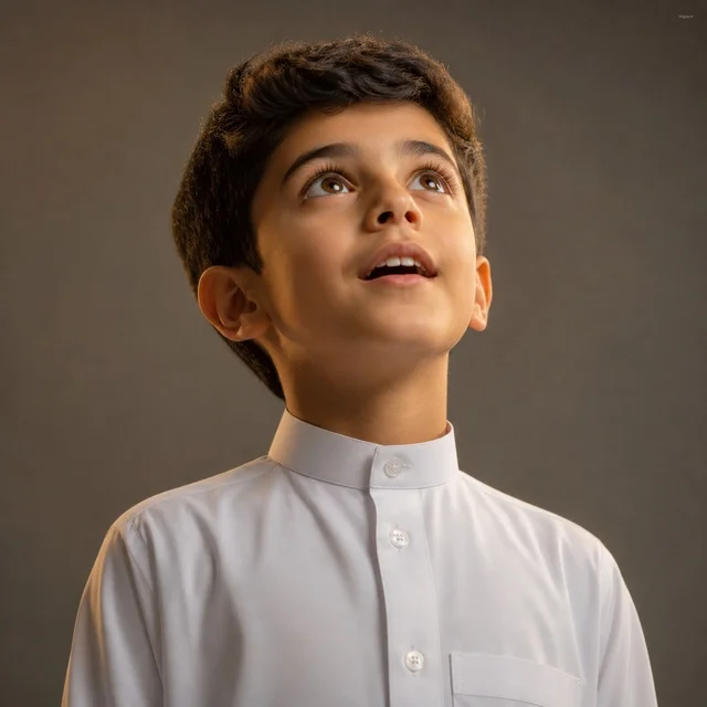 Young Saudi Boy in Thobe Looking Upwards